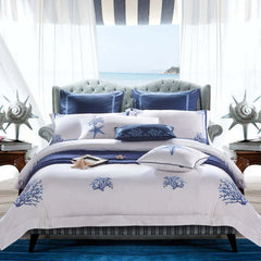 Image of Blue embroidery white duvet cover set in premium Egyptian cotton