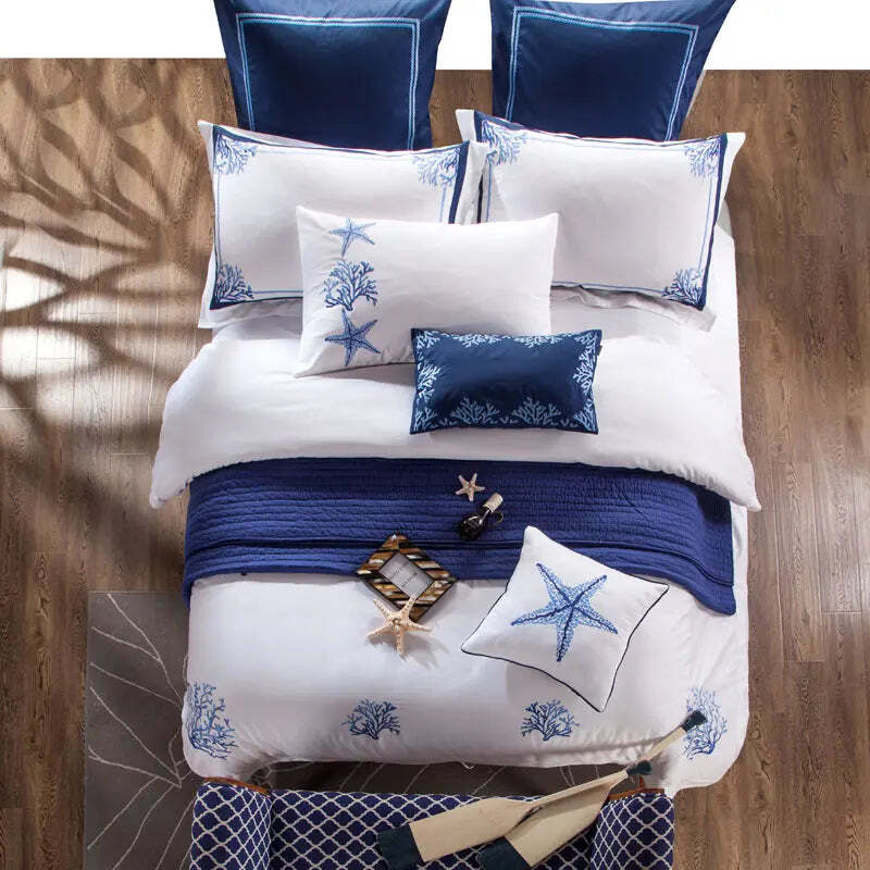 Image of Blue embroidery white duvet cover set in premium Egyptian cotton