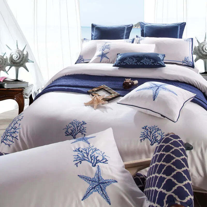 Image of Blue embroidery white duvet cover set in premium Egyptian cotton