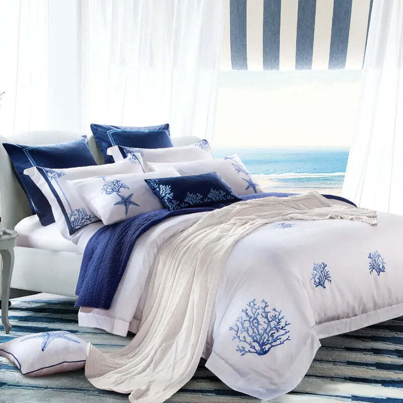 Image of Blue embroidery white duvet cover set in premium Egyptian cotton