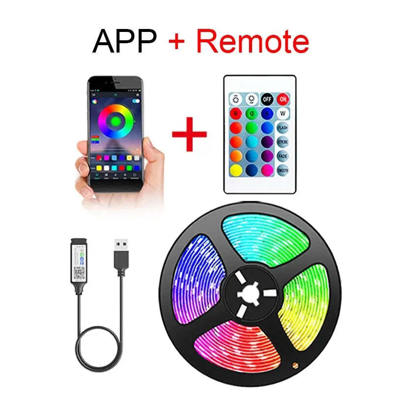 Image of Bluetooth RGB LED strip lights with smart app control for TV and party decoration