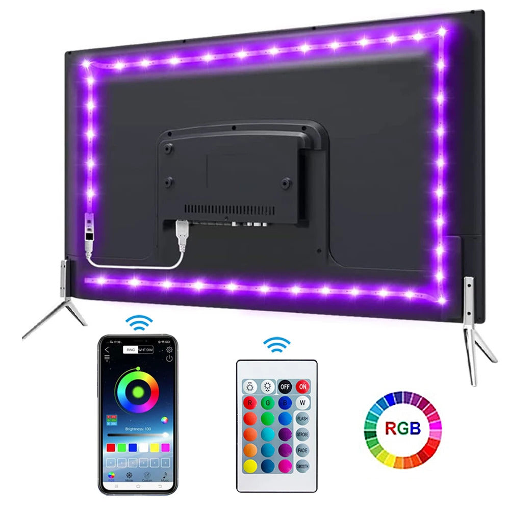 Image of Bluetooth RGB LED strip lights with smart app control for TV and party decoration