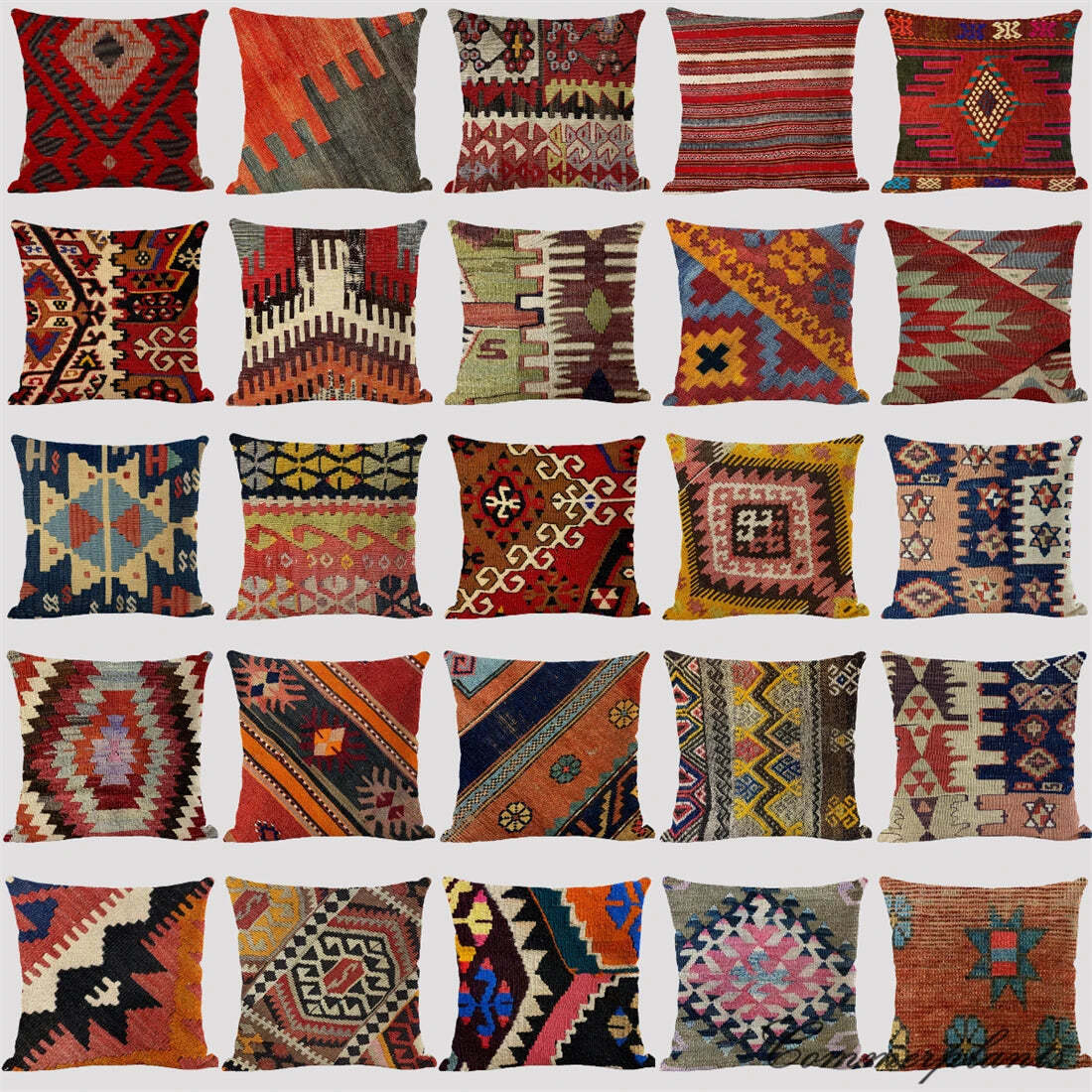 Image of Bohemian patterned linen cushion cover with abstract ethnic geometry design