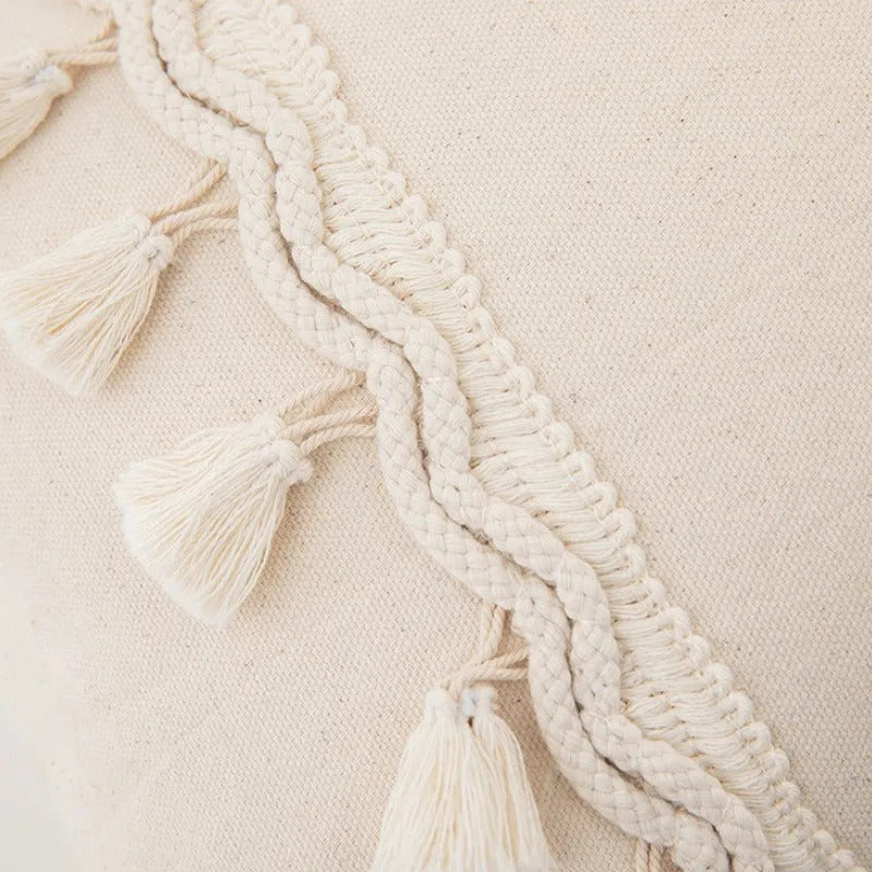 Image of Boho fringe throw pillow cover in natural cotton and linen