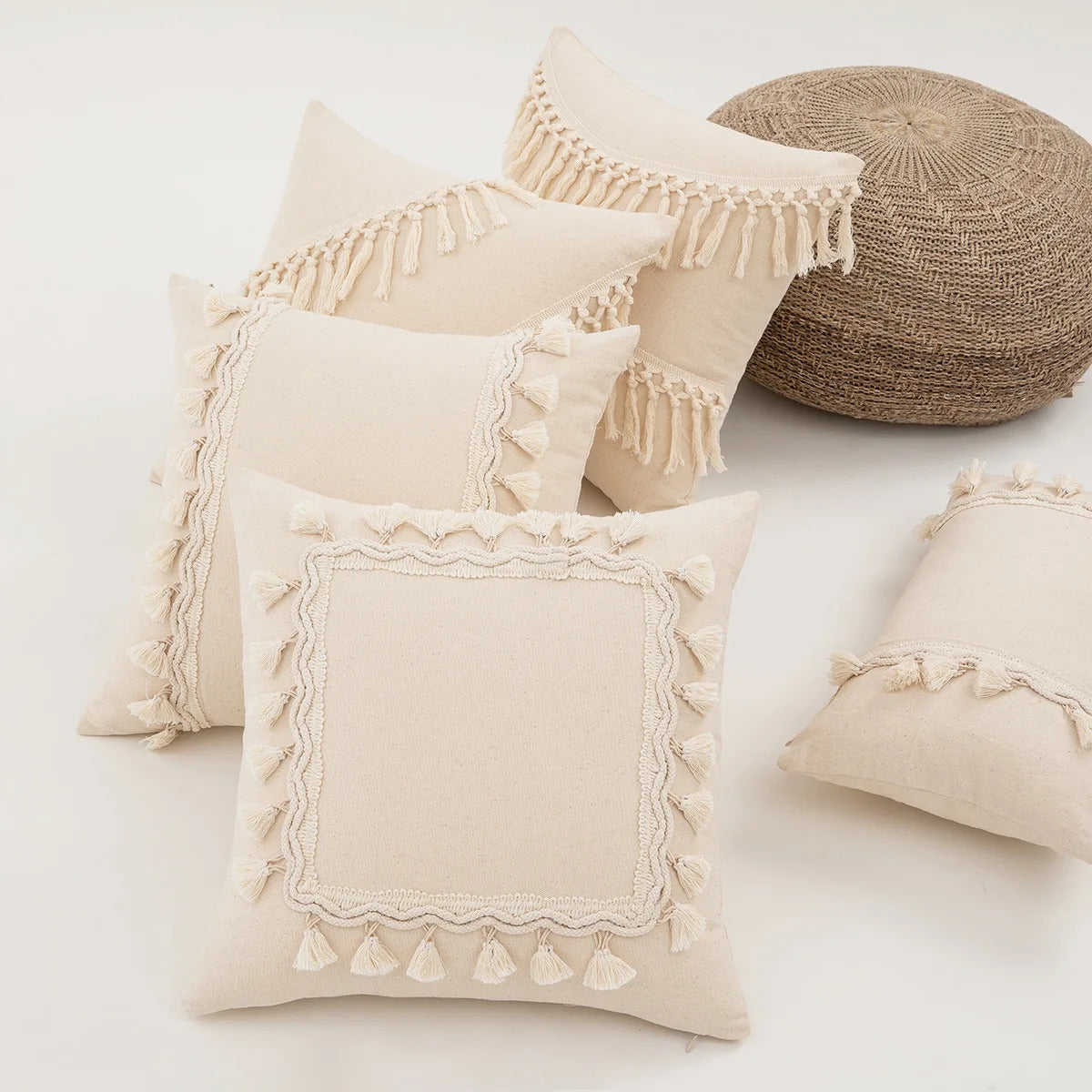 Image of Boho fringe throw pillow cover in natural cotton and linen