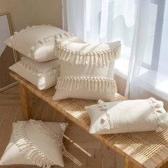 Image of Boho fringe throw pillow cover in natural cotton and linen