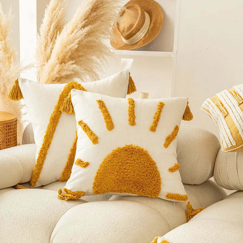 Image of Boho geometric golden yellow tufted cushion cover for modern home decor