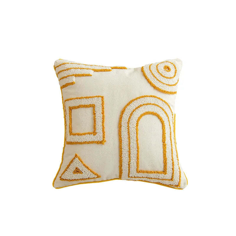 Image of Boho geometric golden yellow tufted cushion cover for modern home decor