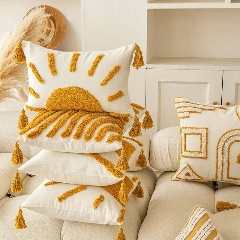 Image of Boho geometric golden yellow tufted cushion cover for modern home decor