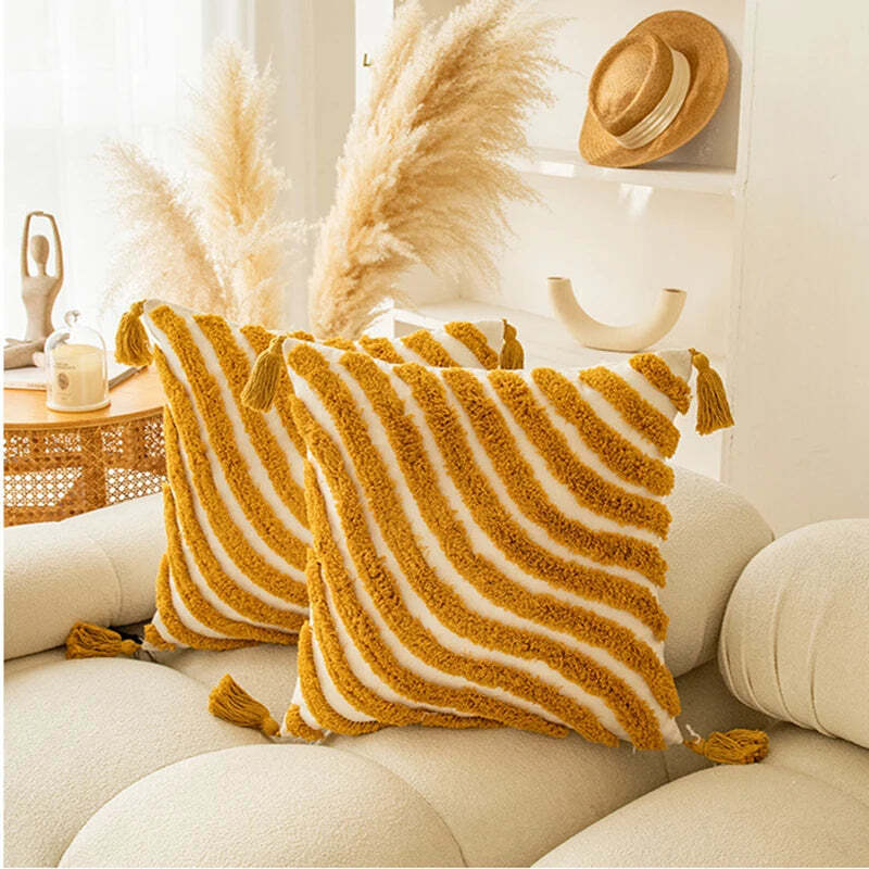 Image of Boho geometric golden yellow tufted cushion cover for modern home decor