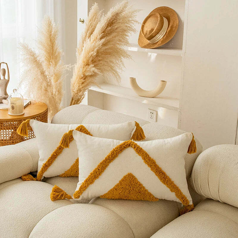 Image of Boho geometric golden yellow tufted cushion cover for modern home decor