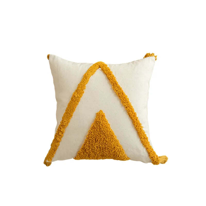 Image of Boho geometric golden yellow tufted cushion cover for modern home decor