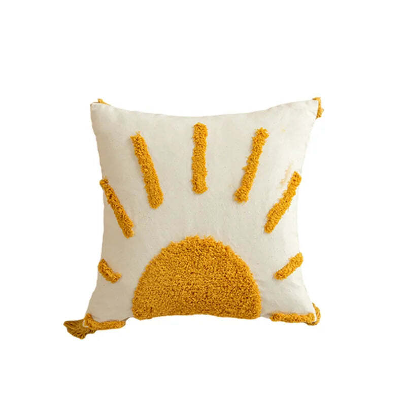 Image of Boho geometric golden yellow tufted cushion cover for modern home decor