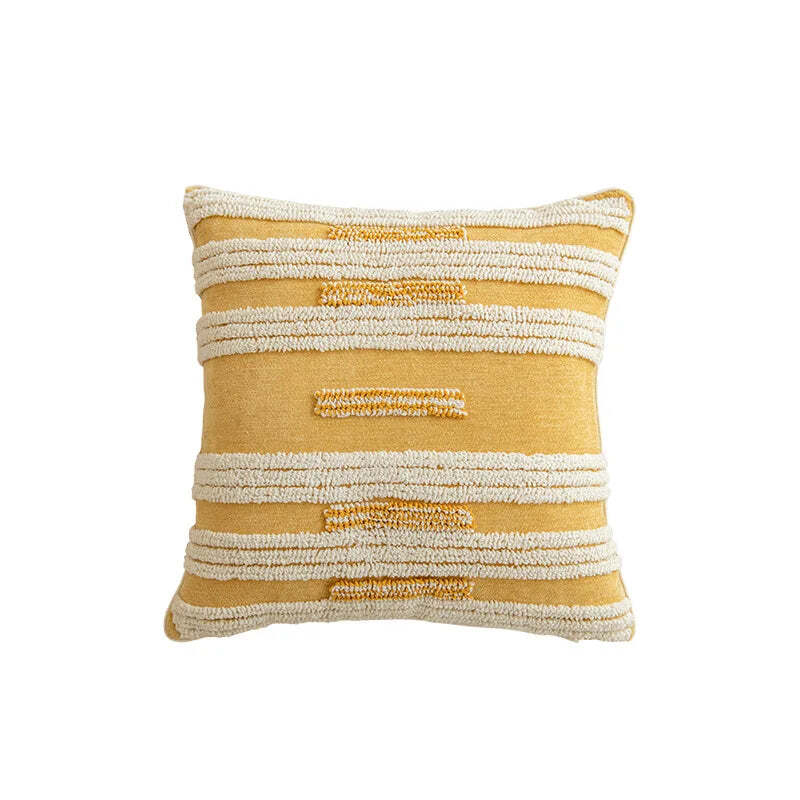 Image of Boho geometric golden yellow tufted cushion cover for modern home decor