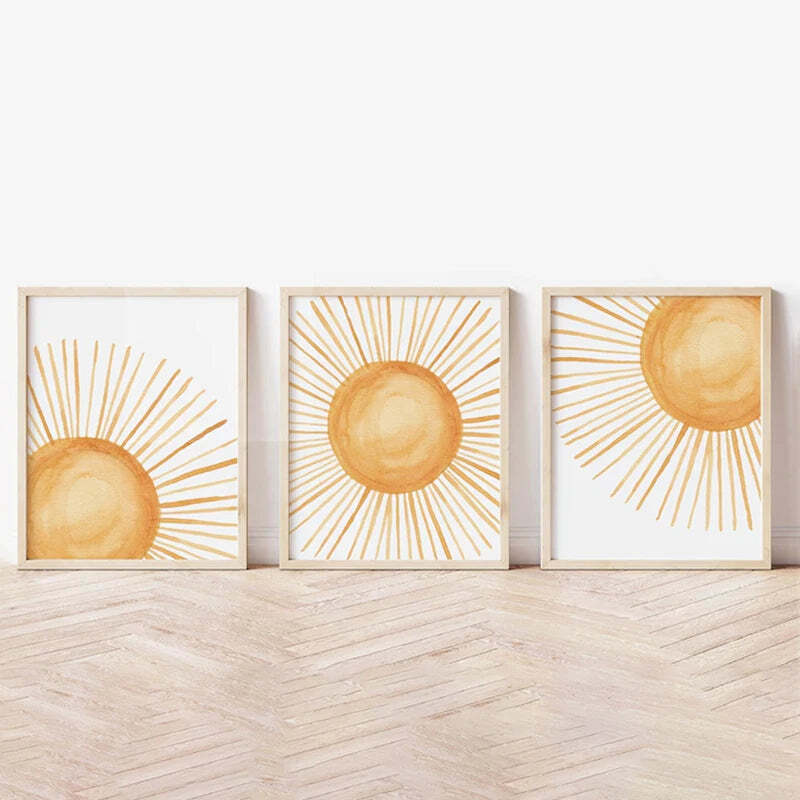 Image of Boho rainbow sunshine nursery wall art poster set of 3 for children's room