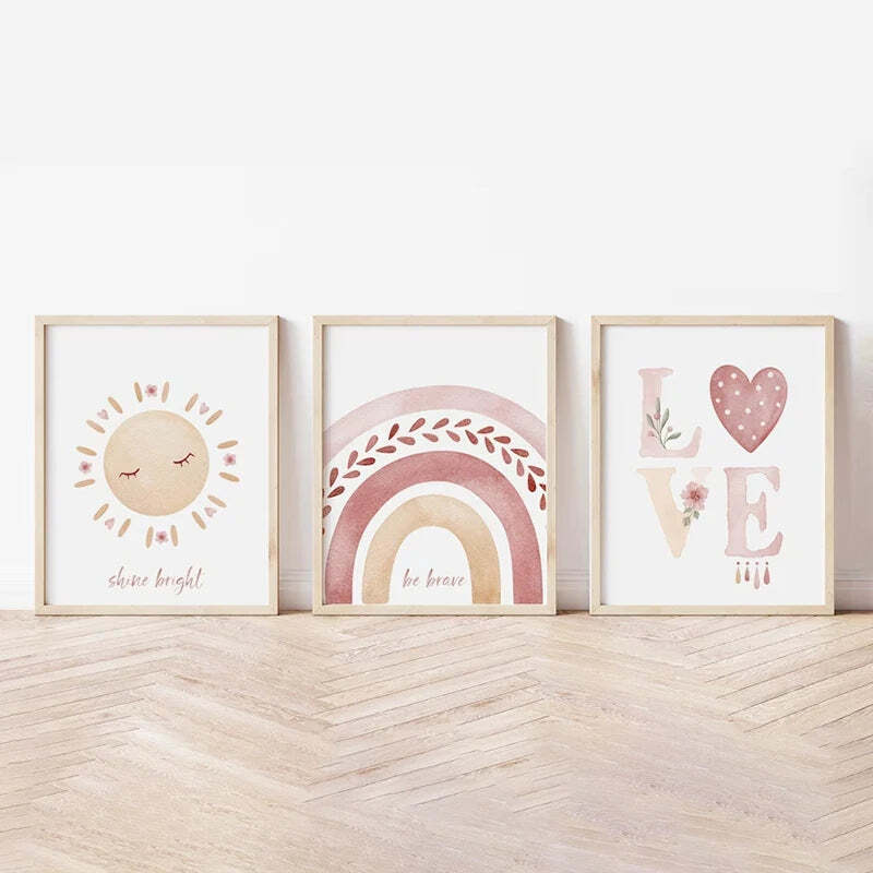 Image of Boho rainbow sunshine nursery wall art poster set of 3 for children's room