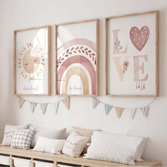 Image of Boho rainbow sunshine nursery wall art poster set of 3 for children's room