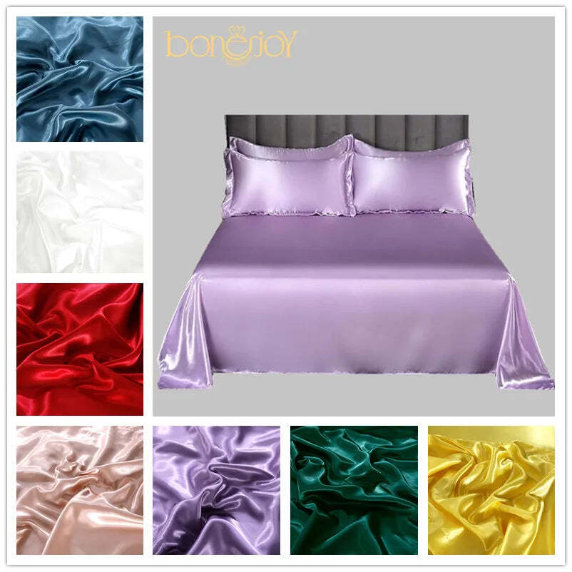 Image of Bonenjoy summer ice cooling flat bed sheet in purple satin smooth fabric