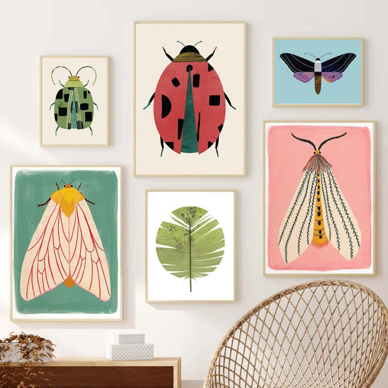 Image of Butterfly wall art and ladybug canvas painting for kids' room decor