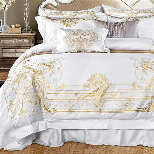 Image of Chic golden embroidered Egyptian cotton bedding set