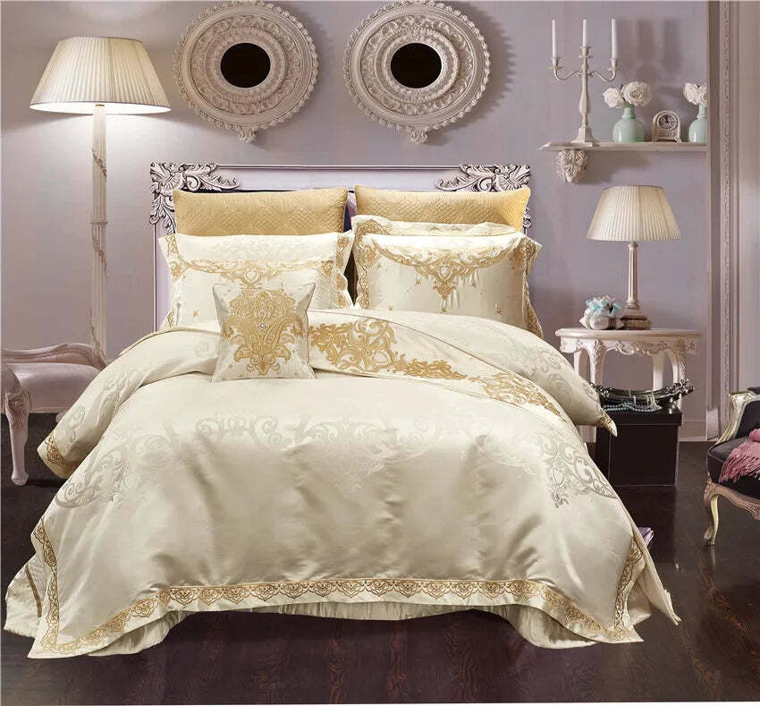 Image of Chic satin cotton bedding set with embroidered duvet cover and pillowcases