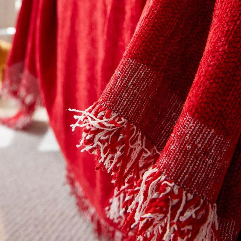 Image of Christmas red sofa blanket with tassels, Nordic style throw for couch cover and furniture protection