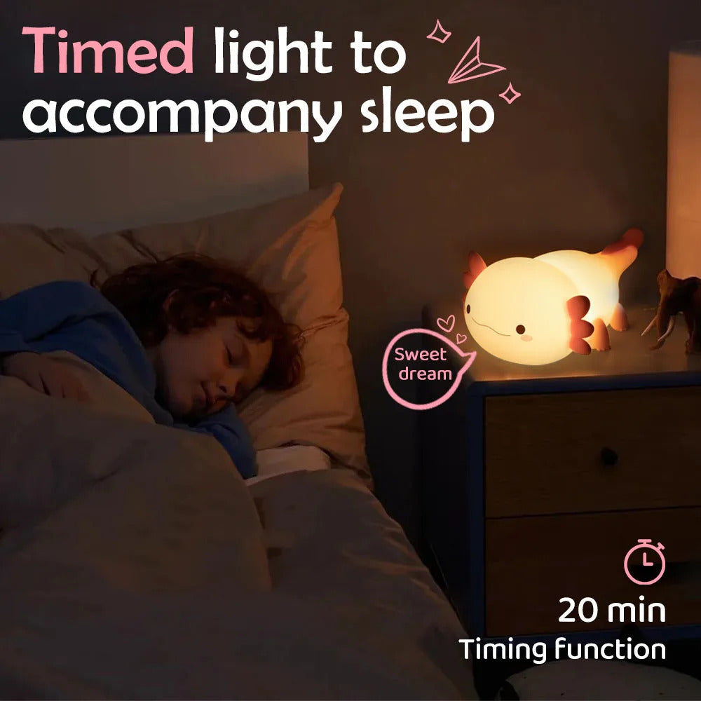 Image of Cute axolotl silicone night light for kids with touch control and adjustable brightness