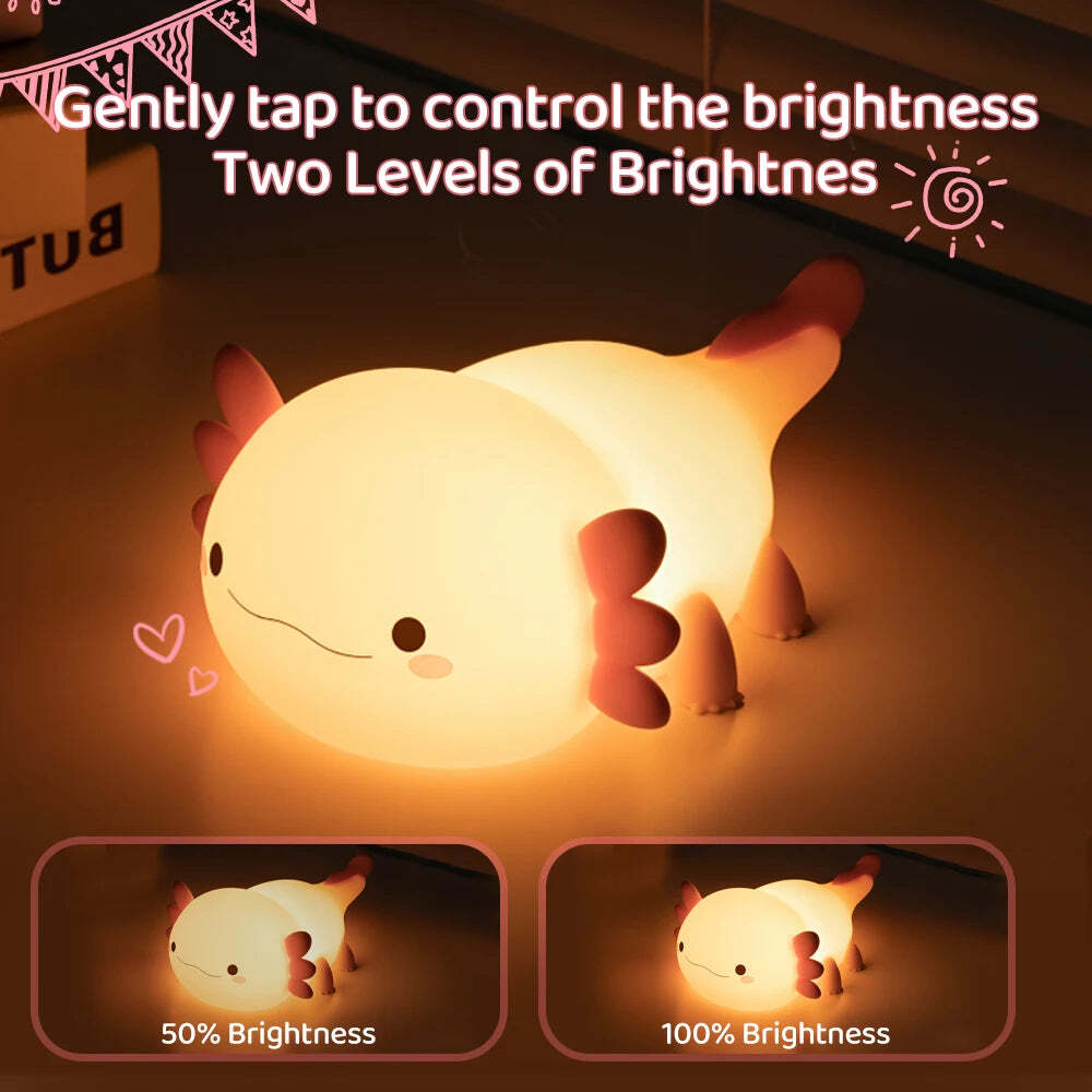 Image of Cute axolotl silicone night light for kids with touch control and adjustable brightness