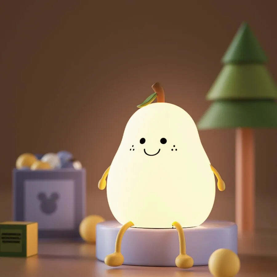 Image of Cute pear-shaped LED night light with touch control, 7 colors, and USB recharge