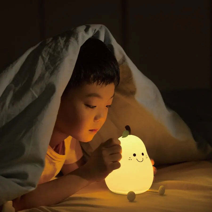 Image of Cute pear-shaped LED night light with touch control, 7 colors, and USB recharge