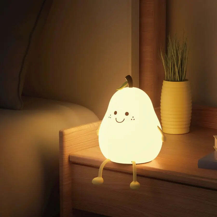 Image of Cute pear-shaped LED night light with touch control, 7 colors, and USB recharge