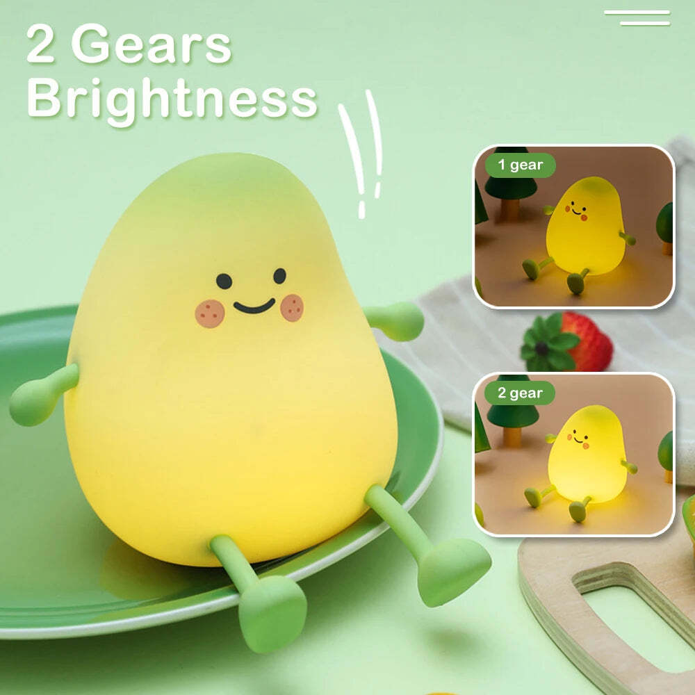 Image of Cute pear-shaped LED night light with touch control, 7 colors, and USB recharge