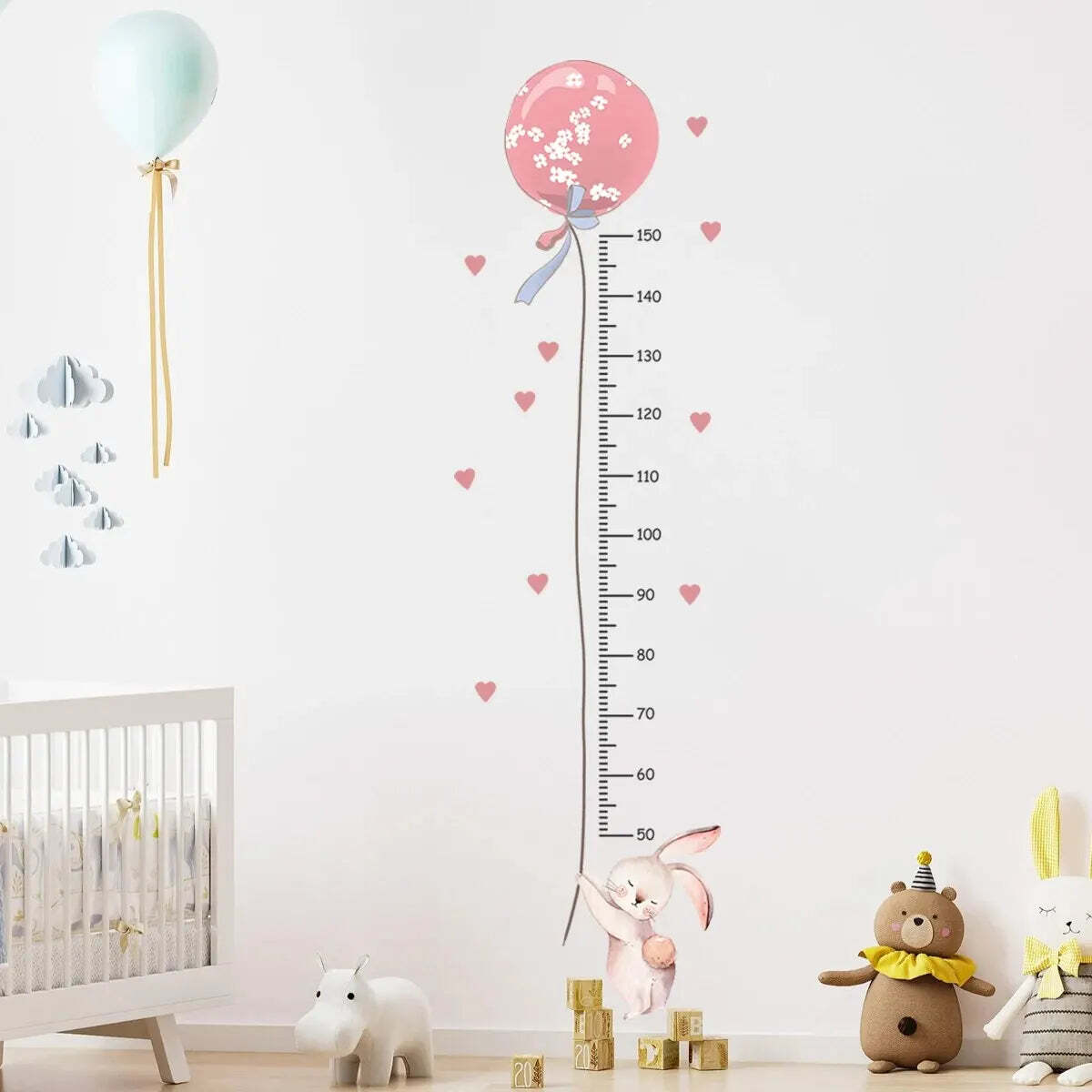 Image of Cute pink rabbit balloon height measurement wall stickers for kids' room decoration