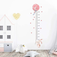 Image of Cute pink rabbit balloon height measurement wall stickers for kids' room decoration