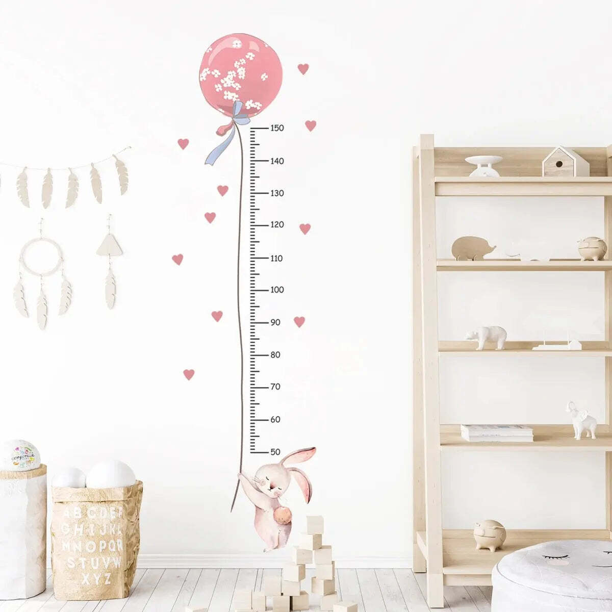 Image of Cute pink rabbit balloon height measurement wall stickers for kids' room decoration