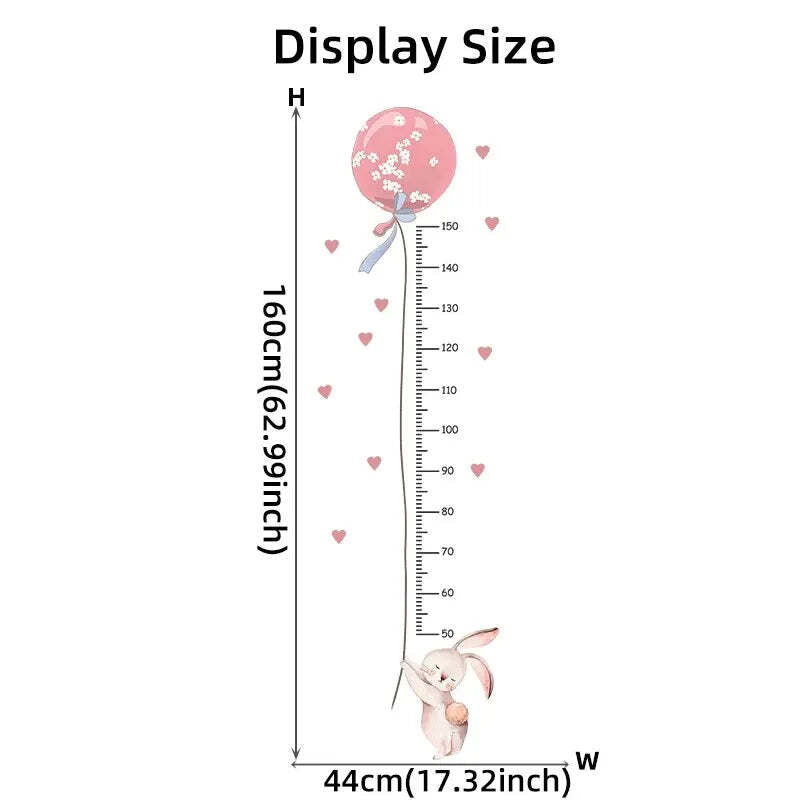 Image of Cute pink rabbit balloon height measurement wall stickers for kids' room decoration