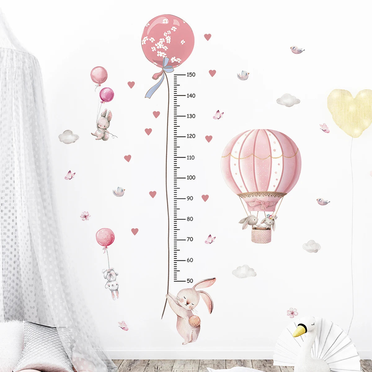 Image of Cute pink rabbit balloon height measurement wall stickers for kids' room decoration