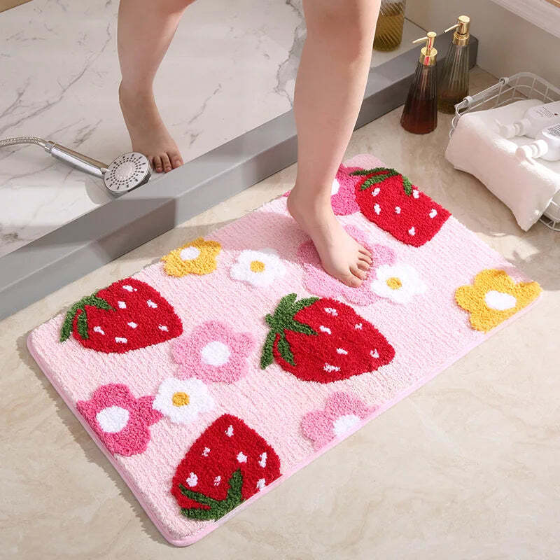 Image of Cute strawberry bath mat for girls - soft plush non-slip rug for home decor