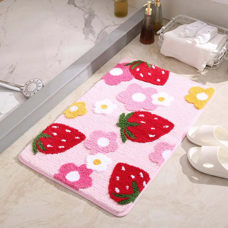 Image of Cute strawberry bath mat for girls - soft plush non-slip rug for home decor