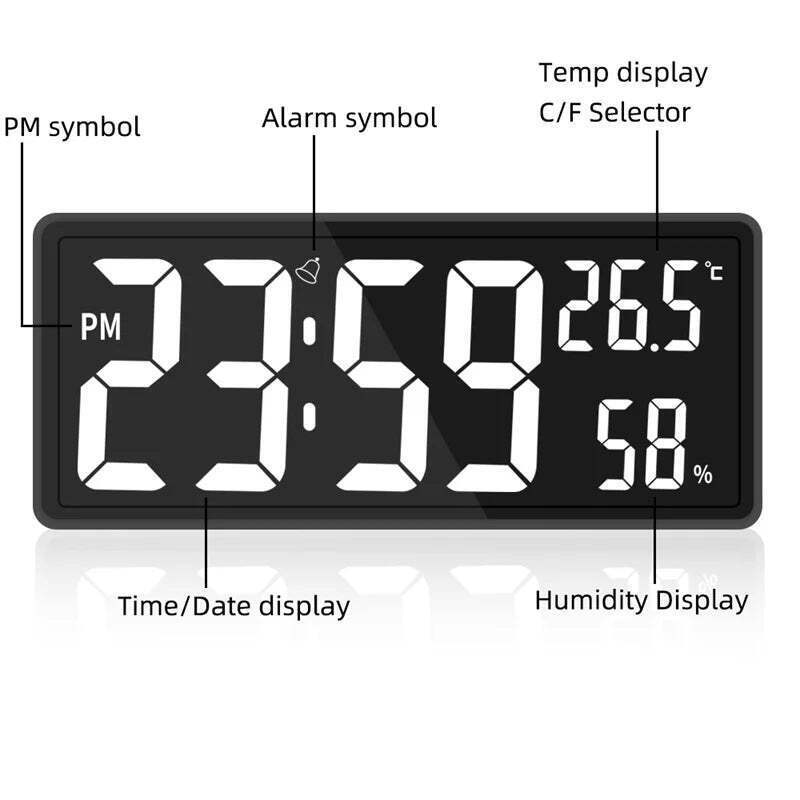 Image of Digital wall clock with temperature and humidity display, night mode, and alarm function