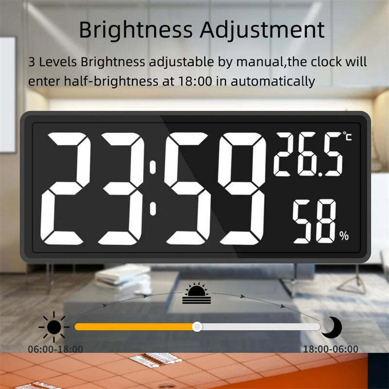 Image of Digital wall clock with temperature and humidity display, night mode, and alarm function