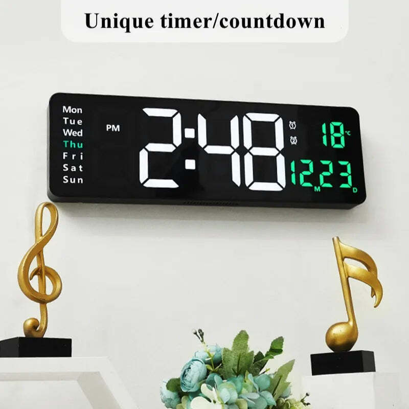 Image of Digital wall clock with temperature, date, and dual alarms - remote control and power-off memory