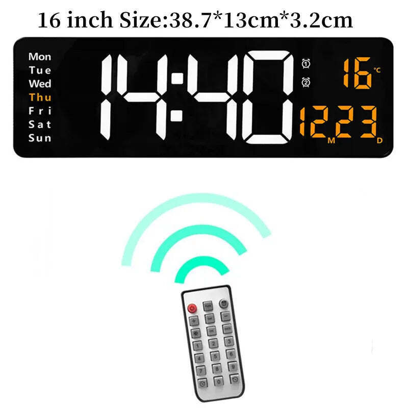 Image of Digital wall clock with temperature, date, and dual alarms - remote control and power-off memory