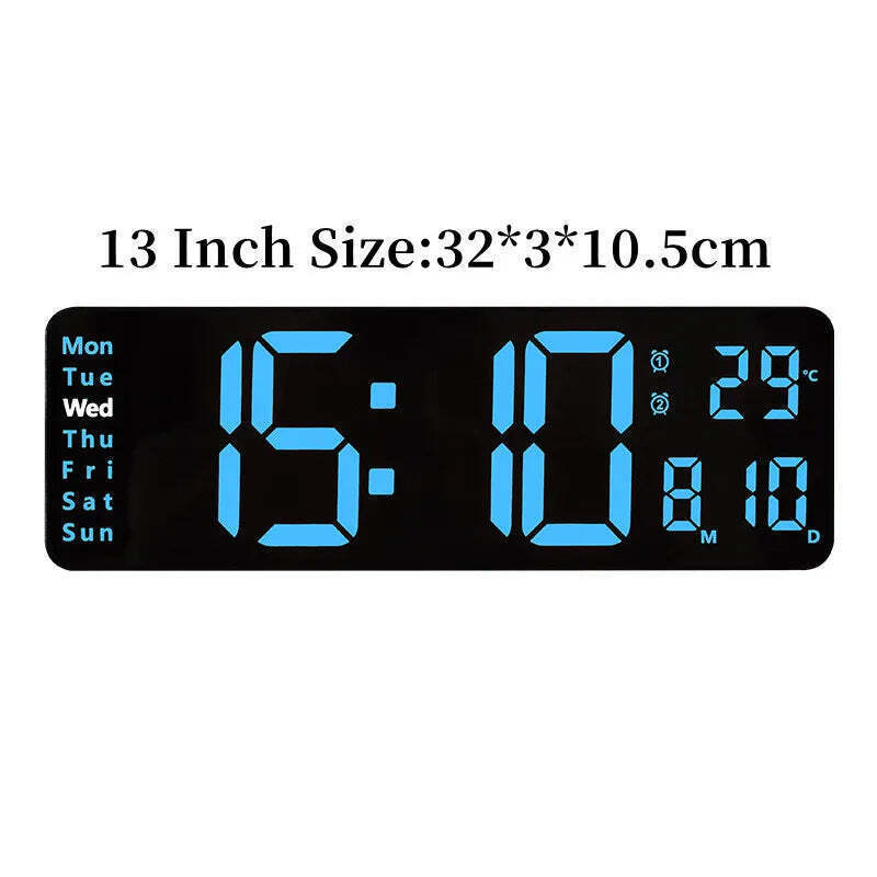 Image of Digital wall clock with temperature, date, and dual alarms - remote control and power-off memory