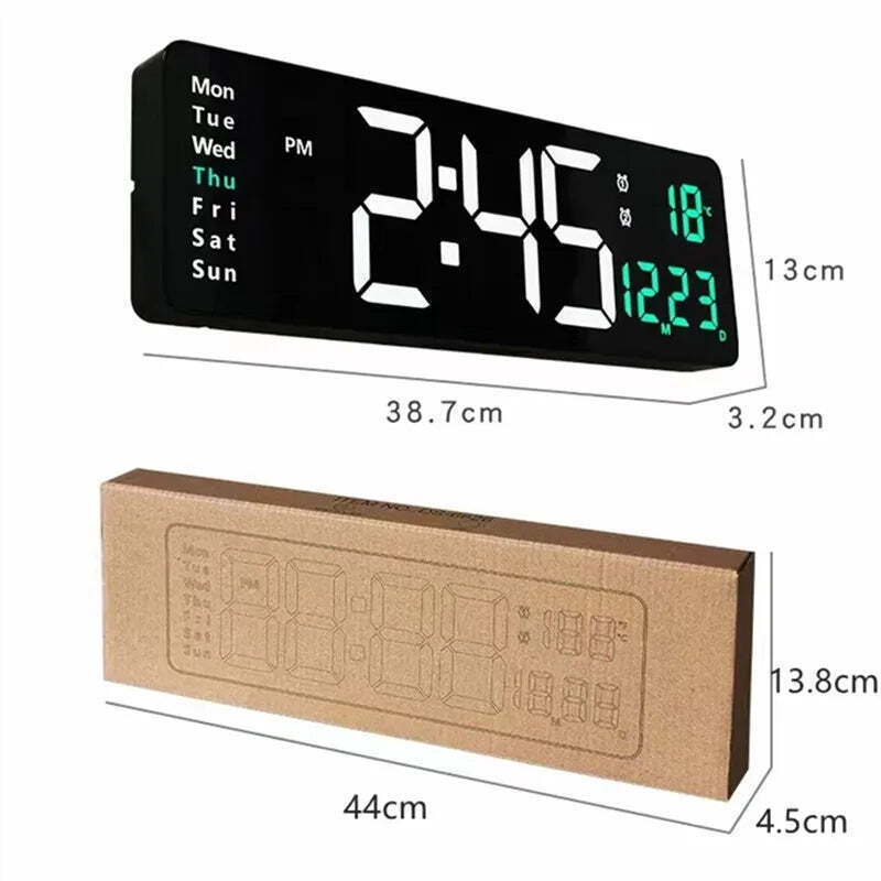 Image of Digital wall clock with temperature, date, and dual alarms - remote control and power-off memory