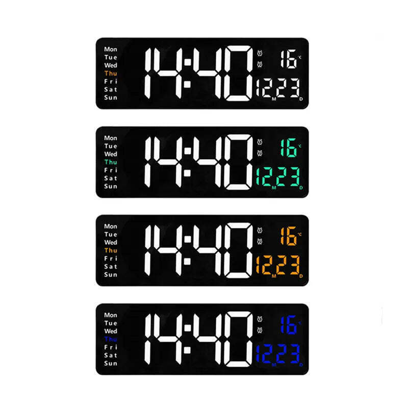 Image of Digital wall clock with temperature, date, and dual alarms - remote control and power-off memory