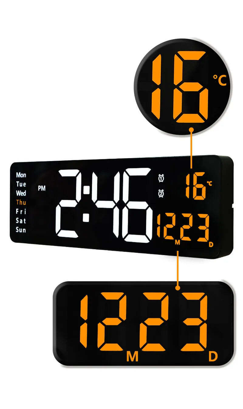 Image of Digital wall clock with temperature, date, and dual alarms - remote control and power-off memory