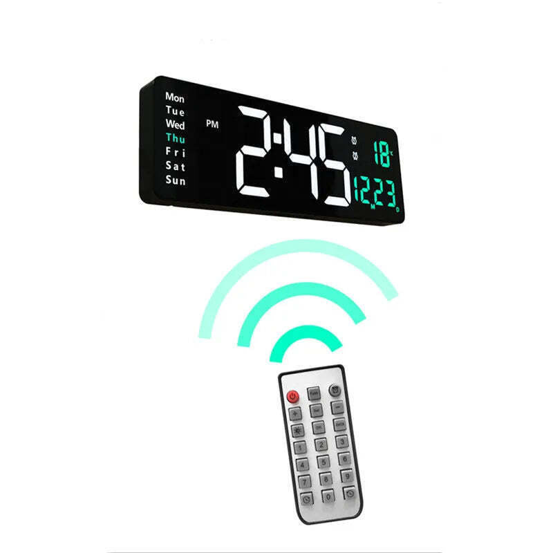 Image of Digital wall clock with temperature, date, and dual alarms - remote control and power-off memory