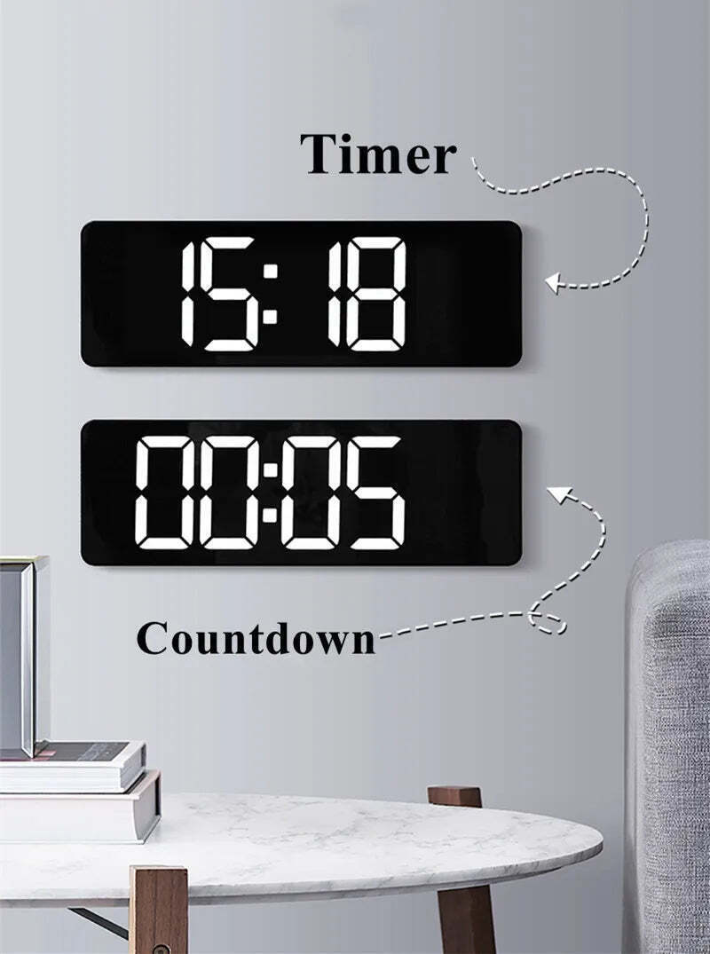 Image of Digital wall clock with temperature, date, and dual alarms - remote control and power-off memory