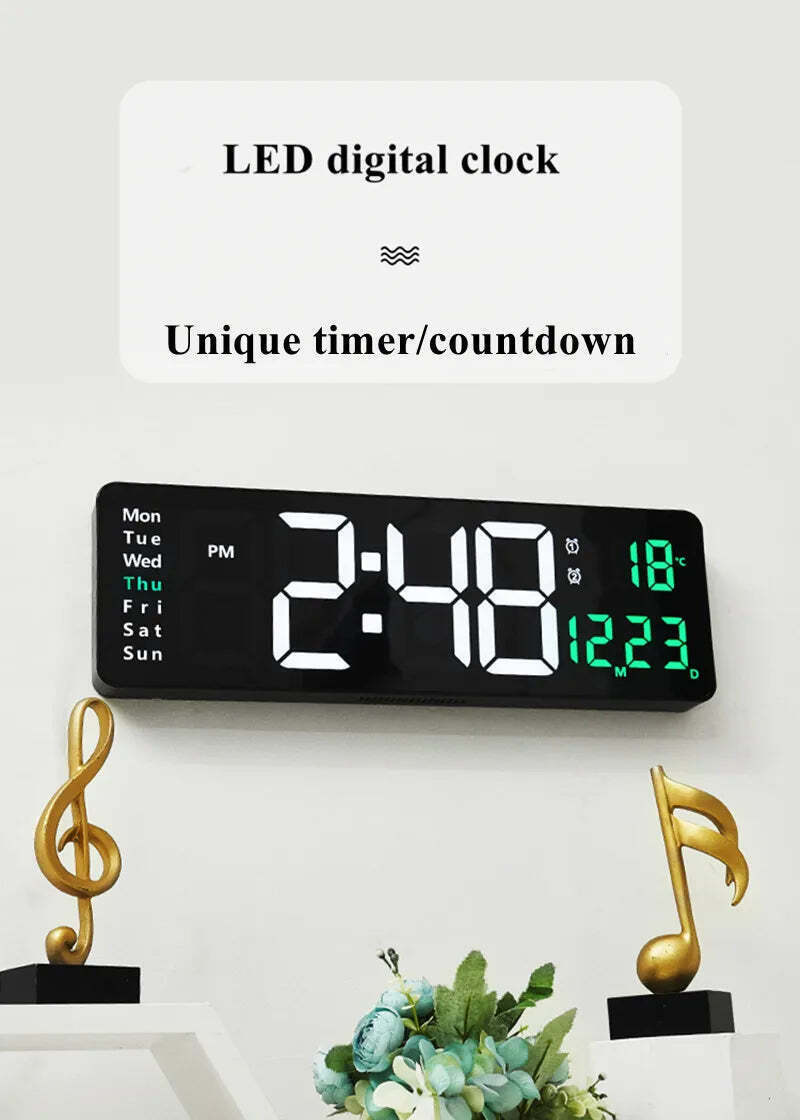 Image of Digital wall clock with temperature, date, and dual alarms - remote control and power-off memory